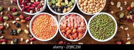Legumes panorama. An assortment of various pulses, shot from above Stock Photo