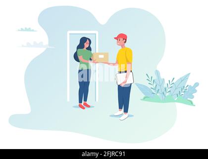 Woman receives the parcel from online shop. Courier delivers the parcel. Fast shipping at home. Vector editable illustration.  Stock Vector