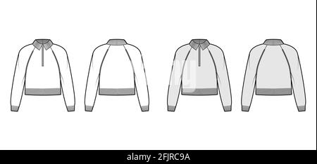 Zip-up cropped Sweater technical fashion illustration with rib henley neck, classic collar, long raglan sleeves, knit trim. Flat apparel front, back, white grey color style. Women, unisex CAD mockup Stock Vector