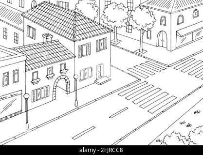 City street aerial view from above crossroad graphic black white sketch illustration vector Stock Vector