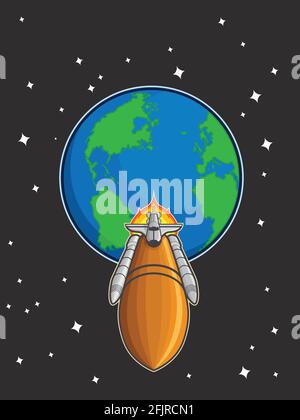 Flying Space Shuttle Launch Orbit Cartoon Illustration Vector Drawing Stock Vector