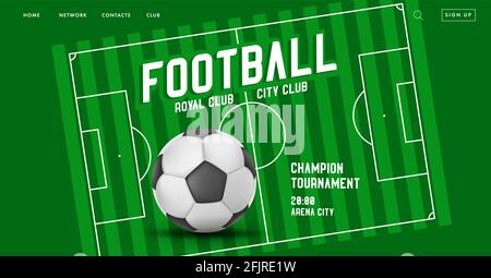Web banner with football or soccer ball illustration and stylized green play field with bases and scheme in white lines, landing page promo advertisin Stock Vector