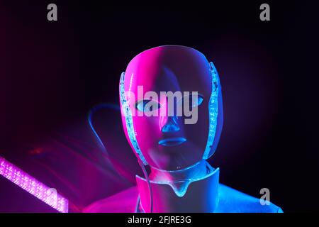 Portrait of futuristic robot. Concept of future technology, virtual assistant, robotic, artificial intelligence and cyber security. Stock Photo