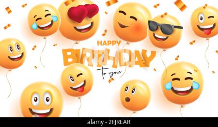 Birthday banner with festive 3d round balloons with happy smiles face expressions and confetti, bright yellow round balloons Stock Vector