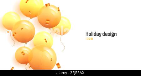 Festive background with helium round yellow balloons and golden confetti on white backdrop with place for copy. greeting card template Stock Vector