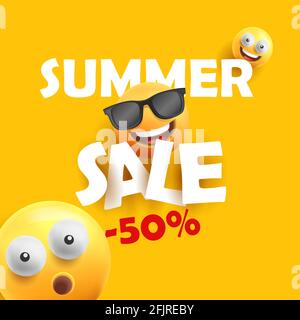 summer sale banner with smily faces in sunglasses and open-eyed with paper sticker text and discount, modern 3d graphic Stock Vector