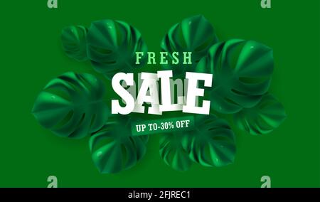 Web banner for social media with modern 3d tropical leaves in green color on green bright background with paper cut letters and discounts fresh sale Stock Vector