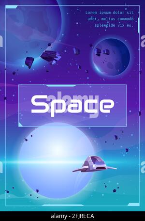 Space poster with spaceship in cosmos with alien planets, asteroids and stars. Design template of explore galaxy, cosmos discovery. Vector game flyer with cartoon illustration of flying shuttle Stock Vector