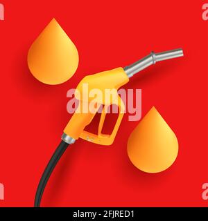 Percent sign made of gas or fuel nozzle and oil drops, 3d illustration advertising element on red backdrop Stock Vector