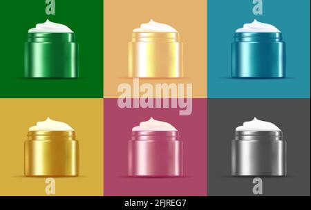 Set of realistic cream jar 3d mockups, different colors on same color background, open with cream shape Stock Vector