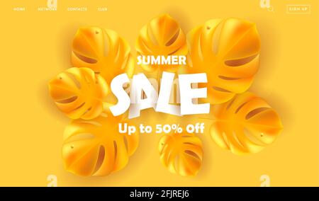 Web banner for social media or landing page with modern 3d tropical leaves in yellow color on yellow background with paper cut letters summer sale Stock Vector