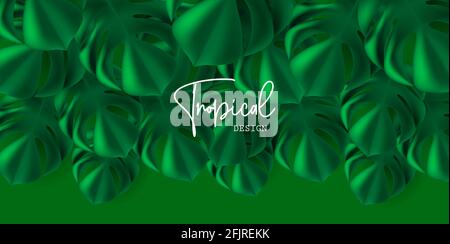 Green tropical background with palm big leaves hanging from top, modern 3d mono color backdrop, trendy banner backdrop Stock Vector