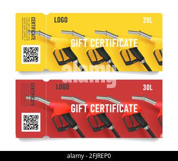 Set of cards with fuelling 3d nozzel illustration, modern gift certificate for gas station on bright yellow and red with same color refueling gadget a Stock Vector