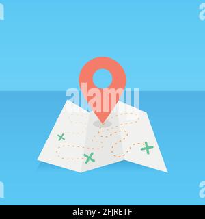 Folded map with a location pin. Concept of pointer, travel, position. Vector illustration, flat design Stock Vector