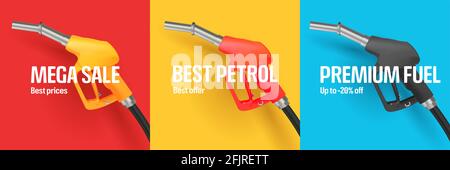 Set of web banners with bright 3d fuel or gas nozzle illustration in tree different vivid trendy colors with promo offer, square shape Stock Vector