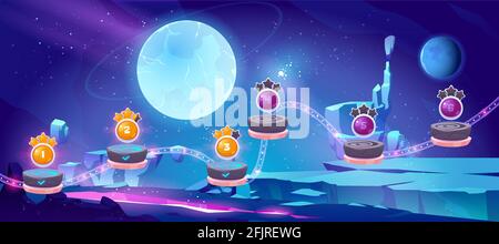 Space game level map with platforms, alien landscape and planets in sky. Vector background for gui interface of arcade game with cartoon illustration of cosmos and completed stages with stars Stock Vector
