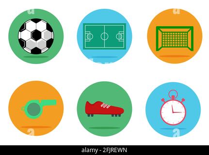 Set of soccer, football vector icons. Modern solid symbol collection. Collection includes football ball, field, net, whistle, football boots, timer Stock Vector