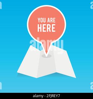 Folded map with a location pin with the text: 'You are here'. Vector illustration, flat design Stock Vector