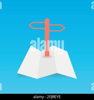 Folded map with a signpost. Vector illustration, flat design Stock Vector
