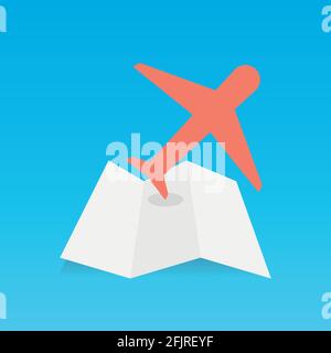 Folded map with an airplane. Concept of travel, holidays, trip. Vector illustration, flat design Stock Vector
