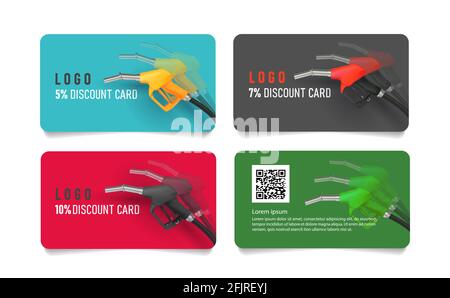 Set of card with fuelling nozzel, template layout in modern minimalistic clean composition with 3d realistic illustration, set of cards Stock Vector