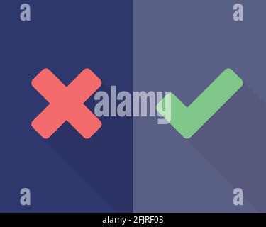 Wrong and right check mark flat icons with long shadow. Vector illustration, flat design Stock Vector