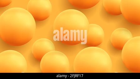 Yellow background with yellow bubbles flying in the air, 3d spheres, fun juicy summer background with glossy balls Stock Vector