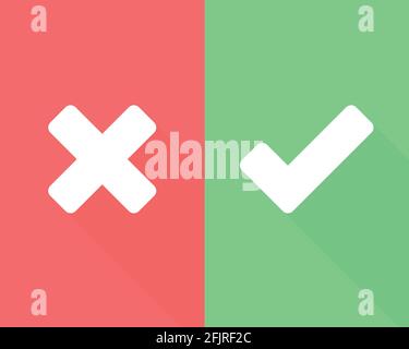 Wrong and right check mark flat icons with long shadow. Vector illustration, flat design Stock Vector