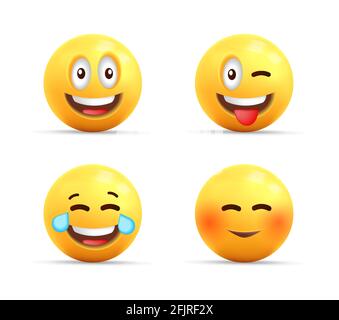 Smiley face 3d icons or yellow symbols with happy expressions, spheric characters laughing, shy and with tongue set Stock Vector