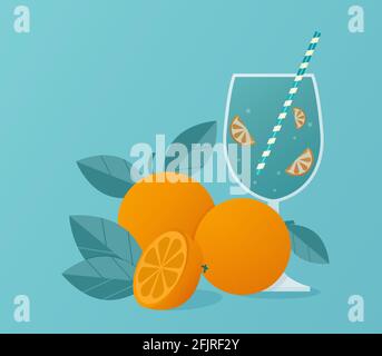 Fresh orange juice in glass with oranges. Citrus natural fruit drink. Summer illustration Stock Vector