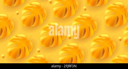 Yellow bright background with mono color yellow tropical large 3d leaves pattern, mesh gradient graphics, trendy summer texture Stock Vector
