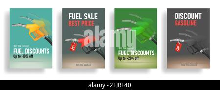 Set of posters for gas station with refuelling gun or nozzel in motion illustration and discounts promo text Stock Vector