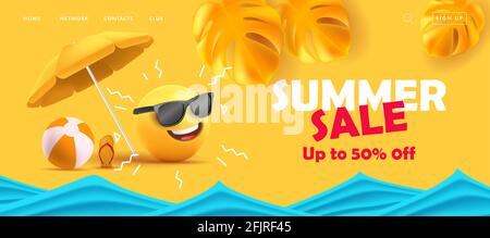 Summer sale poster with 3d smile in sunglasses under sun umbrella with tropical leaves and sea waves with sale discounts copy Stock Vector