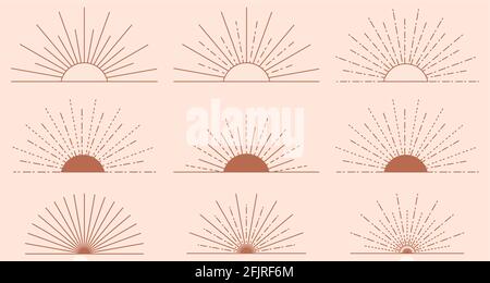 Set of sun icons and symbols in linear boho style. Vector design elements for social media, company logotype, fashion industry Stock Vector