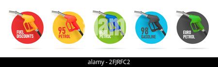 Set of stickers for gas station, circles with fuelling gun or nozzel illustration with petrol type Stock Vector