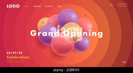 Grand opening web banner for circus grand opening with bunch of round transparent air balloons on red background with circles spreading from center Stock Vector