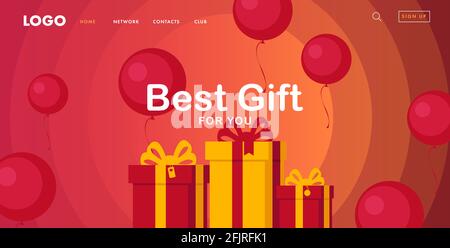 Promo banner for landing page with gift boxes and round red balloons flying around, sale advertising template with interface elements Stock Vector