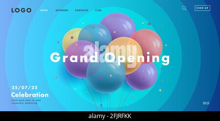 grand opening web banner with bunch of round transparent air balloons on blue background with circles, modern style landing page design Stock Vector