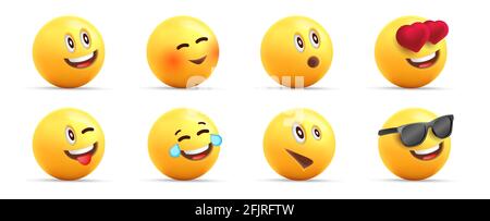 Smiley face 3d icons or yellow emojies with dofferent happy expressions, spheric characters loaughing, in love and cool Stock Vector