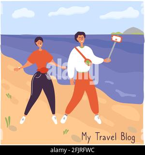 Travel bloggers walk along seaside. Young couple records video. Guy takes off the vlog while traveling. Influencers talk about life to their followers Stock Vector