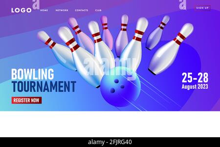 Web page banner with tournament event, bowling club competition, falling bowling pins hit by ball, digital advertising Stock Vector
