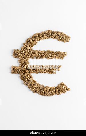 Euro sign made from pieces of gold on white background Stock Photo