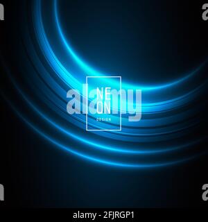 Card or web banner backdrop with bright light neon curve, blue luminosity light with frame and neon text Stock Vector