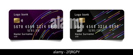 Modern credit card template design with bright neon lines in abstract movement on dark backdrop Stock Vector