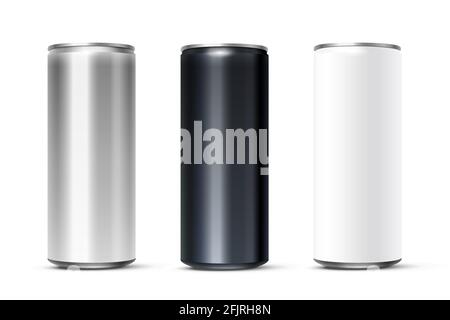 Blank white, silver, black beer or soda can set. 3d aluminium or tan mockup vector illustration. Energy drinks, alcohol, cider, juice packaging logo d Stock Vector