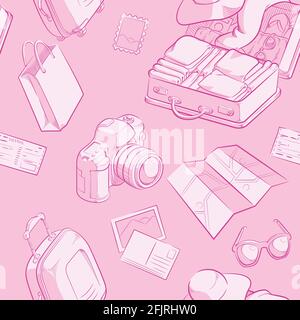 Seamless Pattern Travel Suitcase Doodle Background Vector Outline Stock Vector