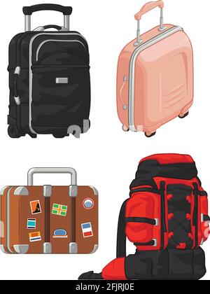Travel Holiday Suitcase Mountain Backpacker Bag Cartoon Illustration Stock Vector