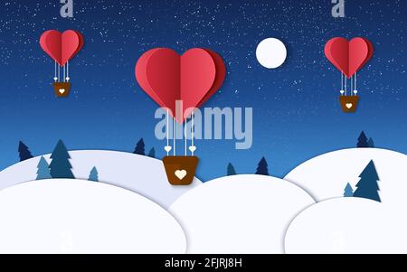 Romantic illustration in winter paper cut. Heart air balloons fly in the night sky. Valentine day design. Paper craft. Vector illustration with heart Stock Vector