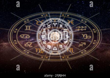 Astrological zodiac signs inside of horoscope circle. Astrology, knowledge of stars in the sky over the milky way and moon. The power of the universe Stock Photo