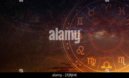 Astrological zodiac signs inside of horoscope circle. Astrology, knowledge of stars in the sky over the milky way and moon. The power of the universe Stock Photo